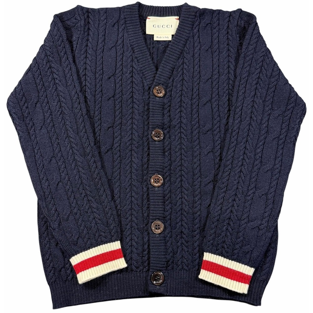 GUCCI Wool Cardigan Toddler 3T/36M Italy Red White Navy Stripe Cableknit Sweater